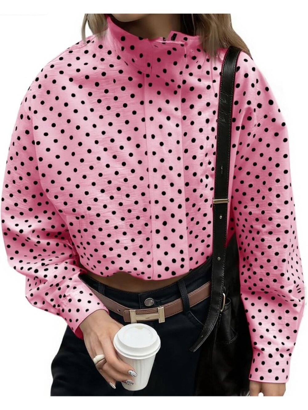 Women’s Pink Polka Dot Lightweight Lapel Collar Coat ZIP Up Cropped Jacket